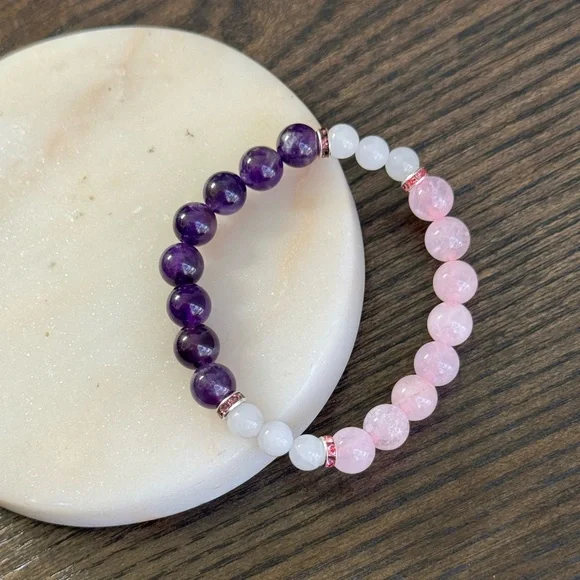 Elegant Pink Purple Beaded Bracelet Amethyst, Rose Quartz & White Jade for Adult - Picture 5 of 5